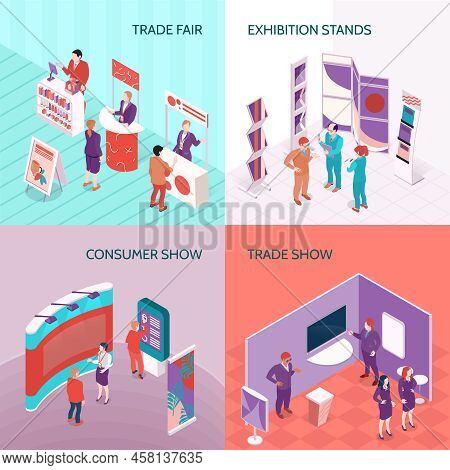 Exhibition Stands Used At Trade Fair And Consumer Show 2x2 Design Concept Isometric Vector Illustrat