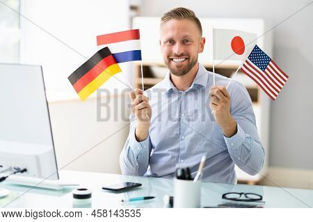 Online Foreign Language Course. Polyglot Man With Flags