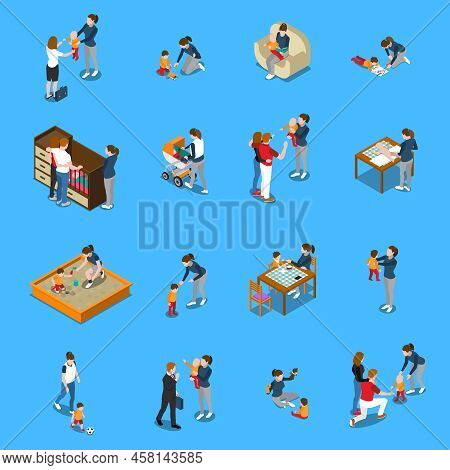 Baby Sitter During Child Care, Parents Leaving For Work, Isometric People On Blue Background Isolate