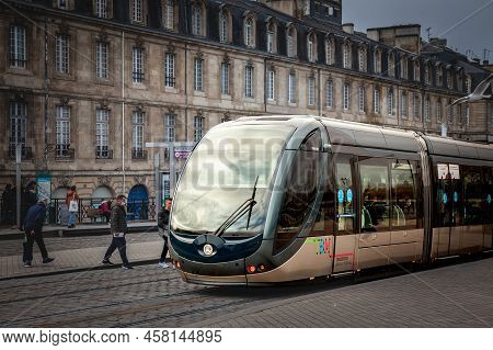 Bordeaux, France - February 20, 2022: Tram, Built By Alstom, Passing By The City Center. Operated By