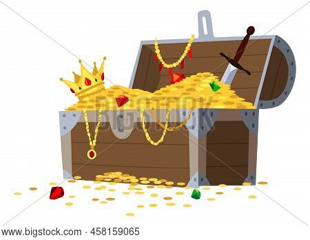 Chest Full Of Pile Of Gold Coins, Jewelry And Gem. Concept, Art For Computer Game. Cartoon Pirate Tr