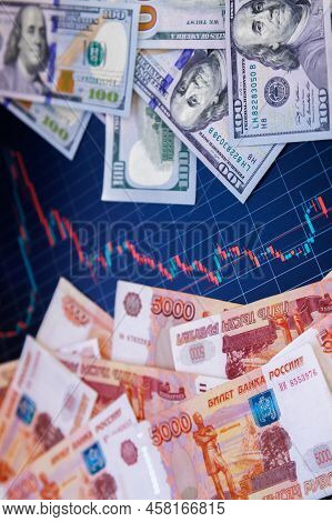 Us Dollar And Russian Ruble Banknotes Over Digital Screen With Real Life Exchange Chart, Usd Rub Dep