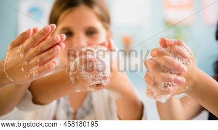 Children Wash Their Hands With Soap Hygiene