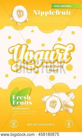 Fruits And Berries Yogurt Label Template. Abstract Vector Dairy Packaging Design Layout. Modern Typo