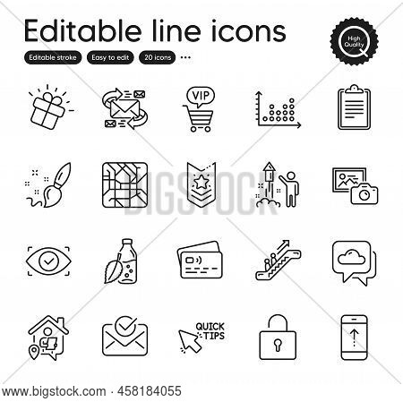 Set Of Business Outline Icons. Contains Icons As Gift, Vip Shopping And Escalator Elements. Card, Ap