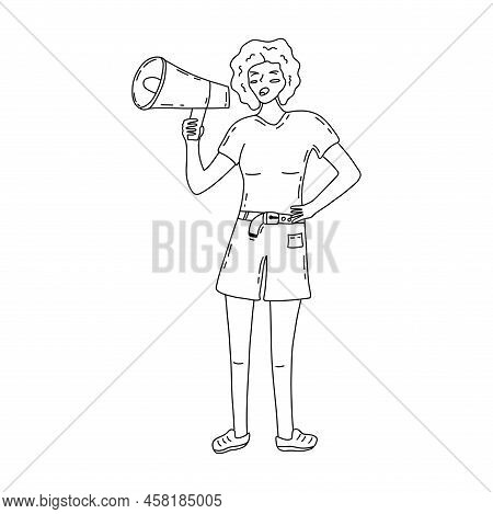 Protesting Girl Screams Into A Bullhorn. Loudspeaker In Hand. Demand For Justice, Peace And Freedom.