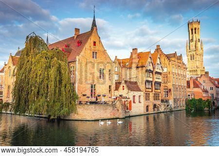 Three Swans In Peaceful Rozenhoedkaai, Medieval Bugge, Belgium