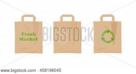 Craft Paper Brown Shopping Bag, Recyclable Non Plastic Packaging, Vector Illustration On A White Bac