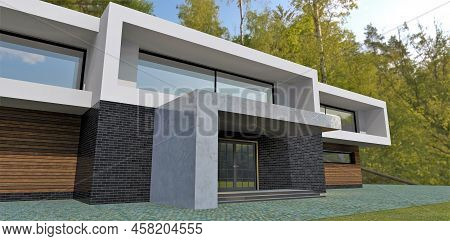 Birch Forest Behind A Modern High-tech House. Sergo Marble Porch. The Wooden Facade Creates A Feelin
