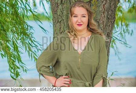 Nice Plus Size Model At City Street, European Woman In Casual Dress, Big Size Fashion