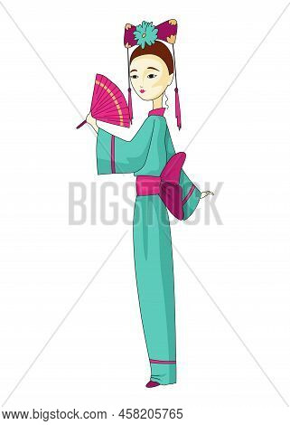 Japanese Girl Standing In Kimono. Women In Traditional Style Costume. Full Length Portrait Of Typica