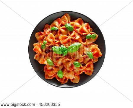 Farfalle, Cooked Pasta Italiano With Tomato Sauce And Basil Green Leaves, Top View, Isolated On Whit