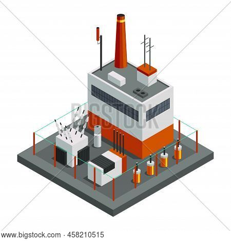 Energy Power Grid Isometric. Power Distribution Element With Electric Transformer And New Power Stat