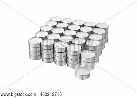 Round Metal Mini Candle Isolated On White Background. Tea Light Jars Candles. Home Decor. Teapot Can