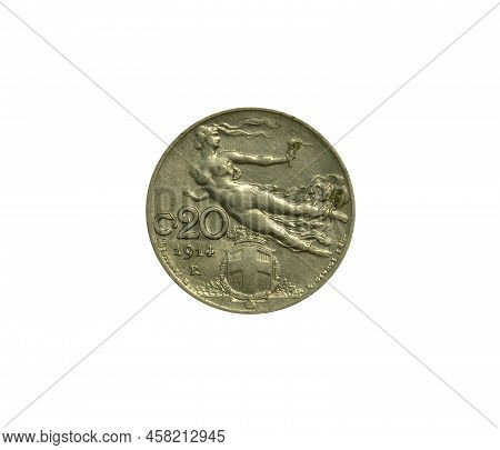 Obverse Of 20 Centesimi Coin Made By Italy In 1914, That Shows Floating Woman 