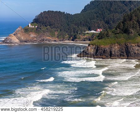 Heceta Head Lighthouse  Between Yachats And Florence Oregon On The Pacific Ocean In August, Panorami