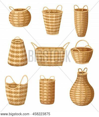 Wicker Basket Icon Set. Collection Of Containers Hand Woven. Decorative Accessories For Storage Or C