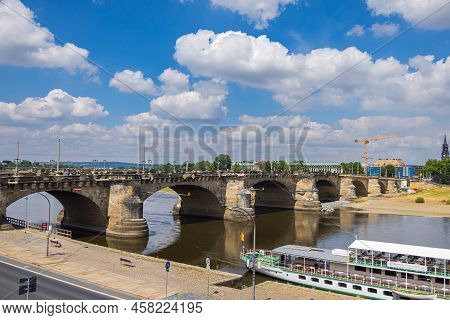 Dresden, Germany - June 28, 2022: Augustus Bridge Or Augustusbruecke On A Sunny Summer Day. View Fro