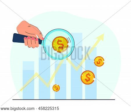 Person Analyzing Financial Chart. Hand Holding Magnifying Glass Against Charts With Coins. Finance, 