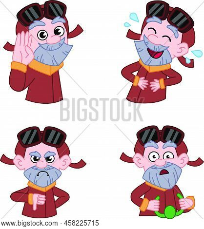 Set Of Hand-drawn Senior Men Touching Cap, Laughing Tears, Gesturing Dislike, Driving