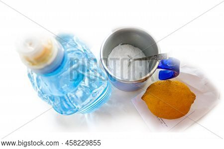 Still Life Of Glucose Tolerance Test - Water, Lemon, Dextrose, Cup. We Prepare A Solution For The Su