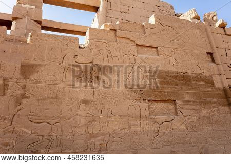 Karnak, Luxor Region Egypt - 09.07.2020: Different Hieroglyphs On The Walls And Columns In The Karna