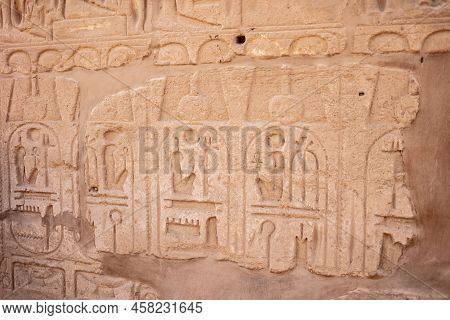 Karnak, Luxor Region Egypt - 09.07.2020: Different Hieroglyphs On The Walls And Columns In The Karna