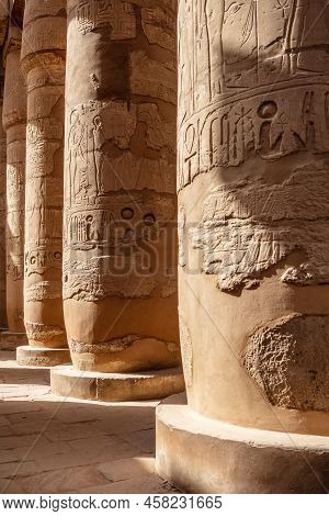 Karnak, Luxor Region Egypt - 09.07.2020: Different Hieroglyphs On The Walls And Columns In The Karna