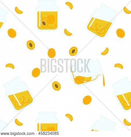 Vector Seamless Pattern, Jar Of Apricot Jam, Fruit Slices