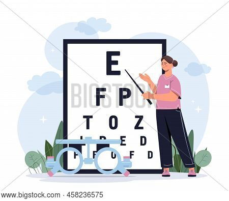 Ophthalmology And Medicine. Young Woman Doctor Checks Eyesight, Makes Eye Test And Selects Lenses Fo