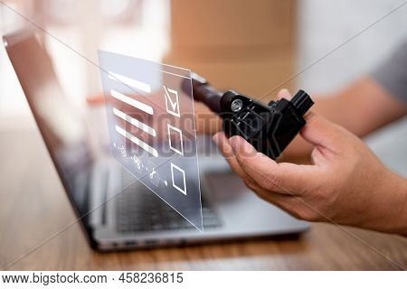 Car Service Business Concept And Smart Checklist Of Car Service On Virtual Screen, Close Up Hand A M