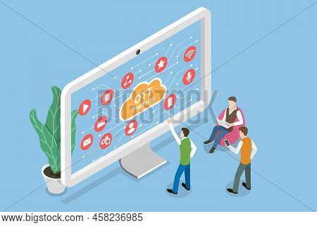 3d Isometric Flat Vector Conceptual Illustration Of Ott Platform, Digital Entertainment Media Conten