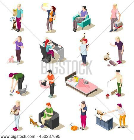 Ordinary Life Of Man And His Cat Set Of Isometric Icons Isolated Vector Illustration