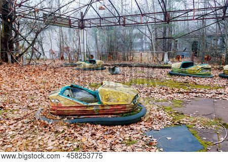 Abandoned Bumper Cars In The Amusement Park Of Pripyat City In Chernobyl Exclusion Zone, Ukraine