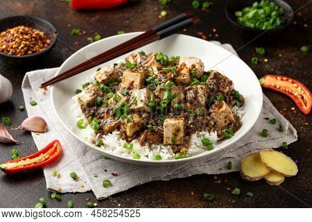 Vegan Mapo Tofu With Mushroom And Rice. Asian, Chinese Food
