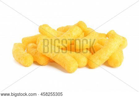 Many Tasty Cheesy Corn Puffs Isolated On White
