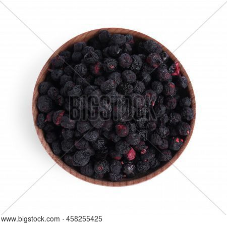 Freeze Dried Blueberries In Bowl On White Background, Top View
