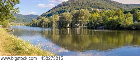 Bridge Over Neckar In The Town Of Eberbach In Baden-wuerttemberg With The Hills Od The Odenwald