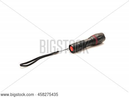 Side View Of Black Aluminum Alloy Flashlight With Lanyards Handle Isolated On White Background