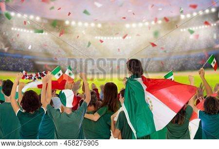 Mexico Football Supporter On Stadium. Mexican Fans On Soccer Pitch Watching Team Play. Group Of Supp