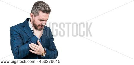 Man Face Portrait, Banner With Copy Space. Unhealthy Director In Suit Hold Neck Suffering From Sore 