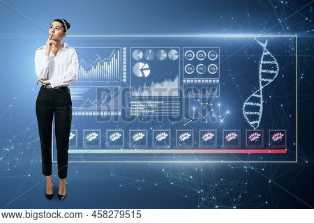 Science Biology Gene Modifying Concept. Thoughtful Young Caucasian Businesswoman Standing Next To Ho