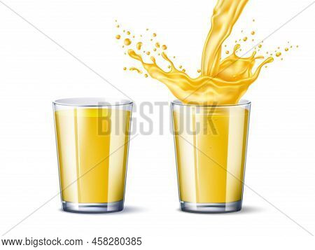 Orange Juice Splash Glass. Realistic Full Glass Cup With Fruit Drink, Abstract Splash, Jet And Flyin