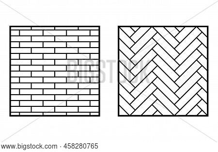 White Tiles Wall, Brick Bond And Herringbone Patterns. Fishbone Parquet. Ceramic Or Stone Material, 