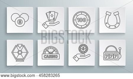 Set Line Lucky Wheel, Hand Holding Deck Of Playing Cards, Casino Signboard, Casino Chips, Slot Machi