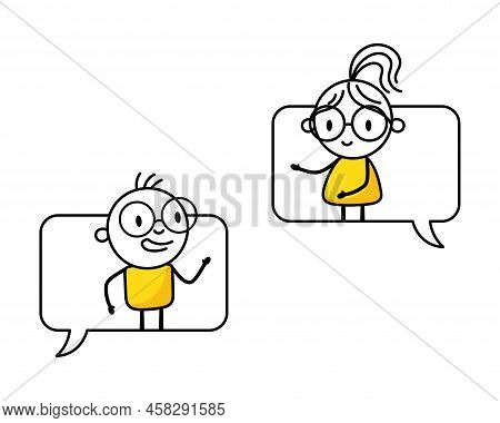 Man And Woman Are Looks Out Of Chat Bubbles And Talking To Each Other. Communication And Social Medi