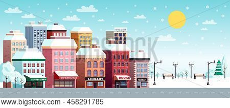 Winter City Street Flat Horizontal Banner With Coffee Shop Library Bookstore Buildings Snowy Landsca