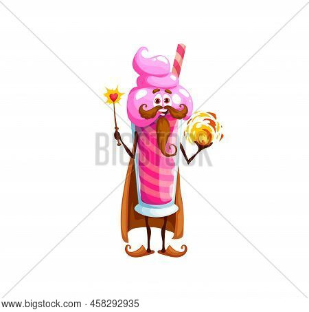 Cartoon Dessert Wizard Character. Milkshake Or Smoothie Sweet Drink Sorcerer Cheerful Personage, Fas