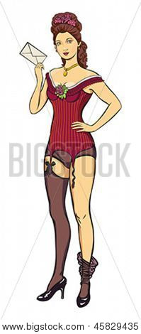 ผู้หญิงสวยสาวแต่งตัวรัดและถุงน่องถือจดหมายในมือของเธอ สามารถแก้ไขได้