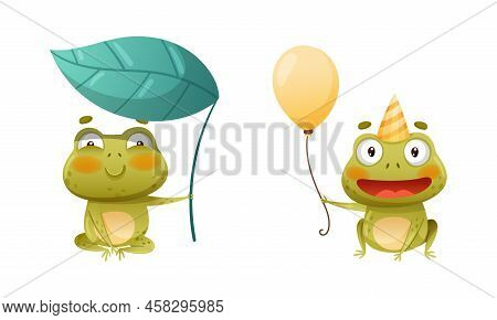 Funny Cute Frogs In Various Poses. Lovely Amphibian Animal Character Sitting Under Green Leaf And Ce